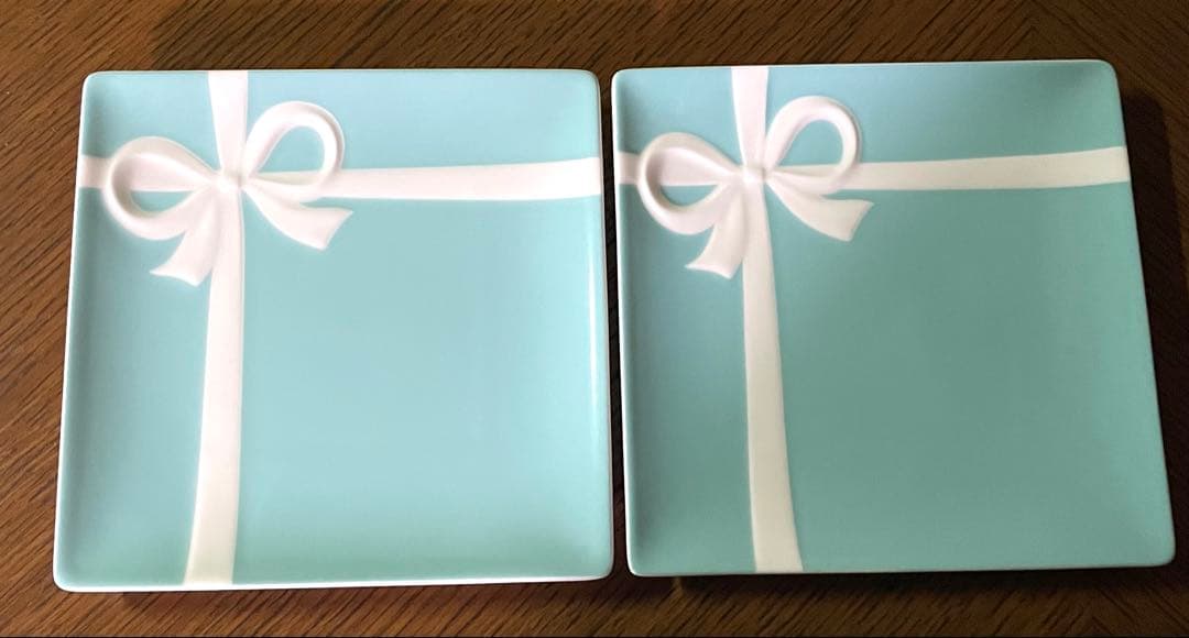 ティファニー　ブルー　リボン　ボウ　スクエア　プレート　皿　2枚　Tiffany