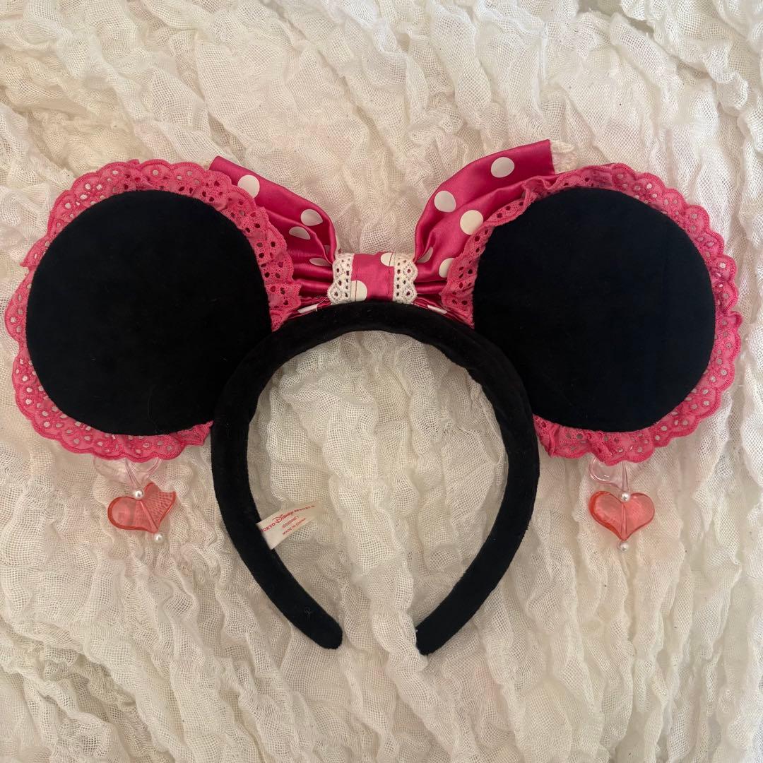 ディズニーミニーカチューシャ リボンピンク 水玉イヤリング - メルカリ