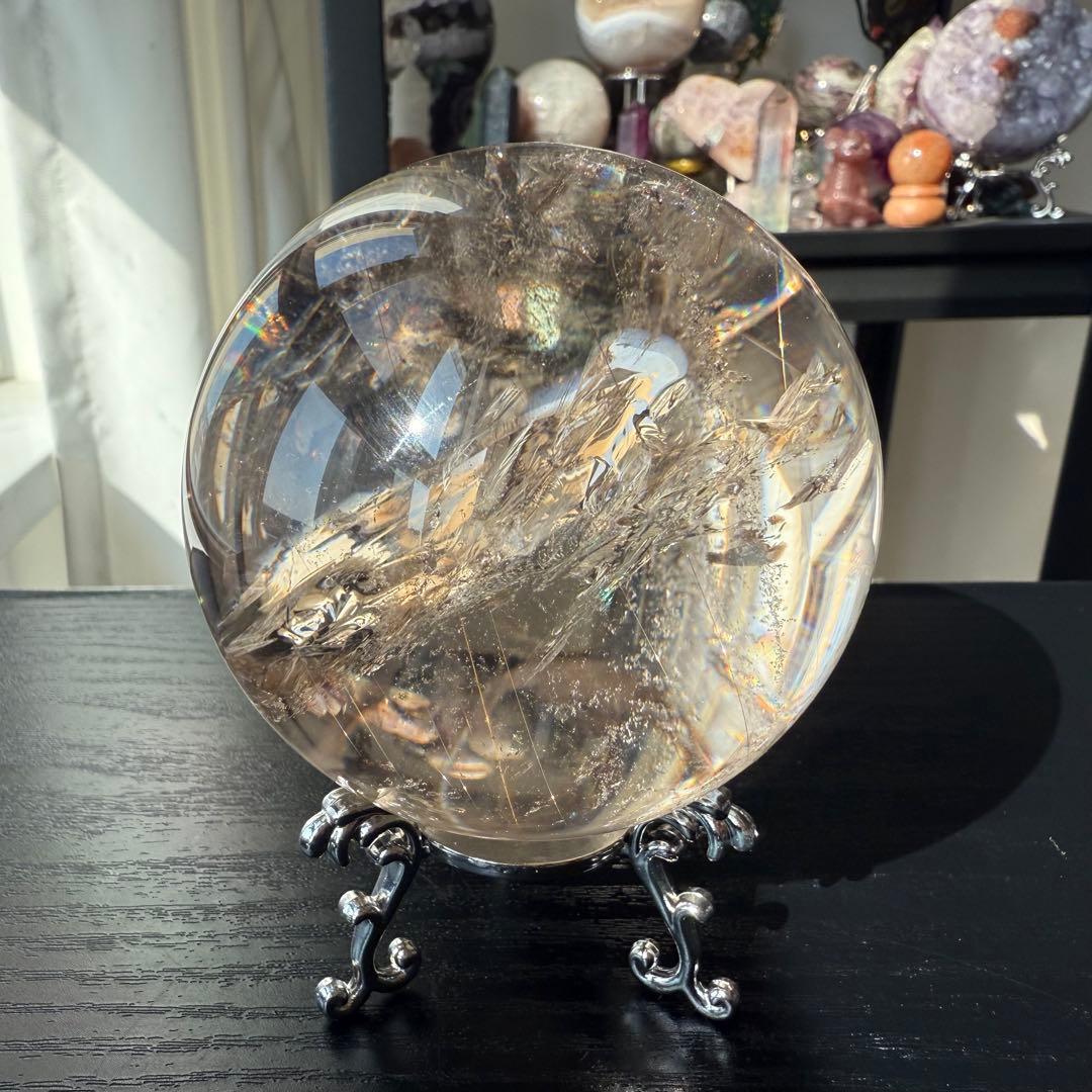 天然石ルチルクォーツ共生スモーキークォーツのスフィア　丸玉NO.100914