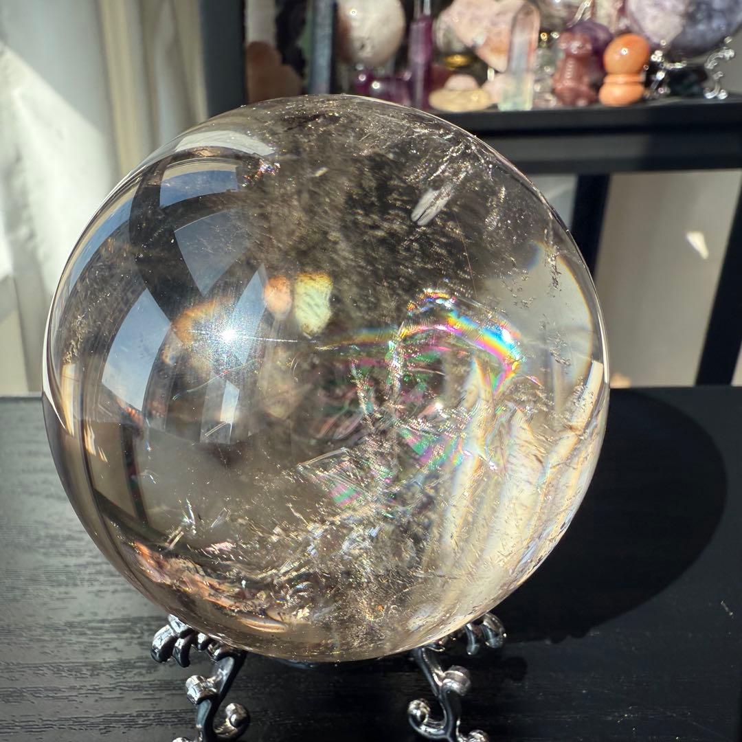 天然石ルチルクォーツ共生スモーキークォーツのスフィア　丸玉NO.100914