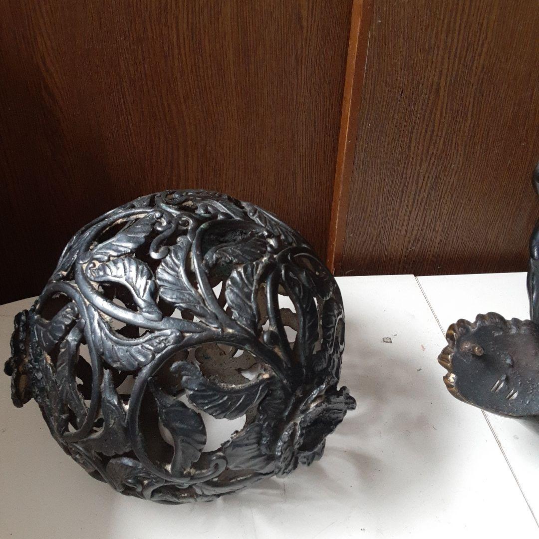 銅製　玉獅子　狛犬