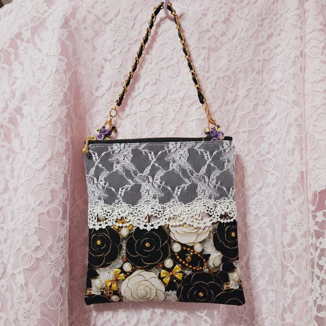 切り替えレースカメリアレース柄❤️持ち手付きフラットポーチ❤️