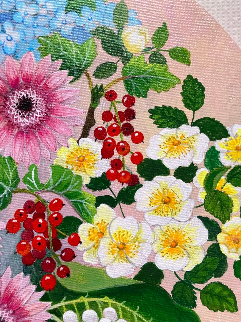 花の絵 アクリル画 原画「スズランとスグリの実のあるアレンジ」30cm