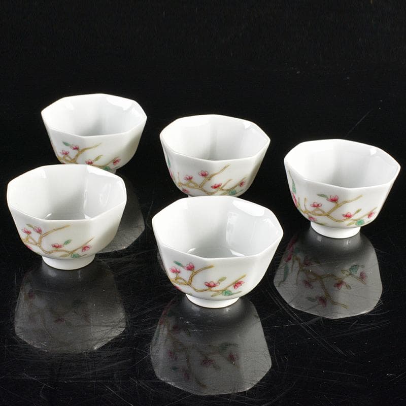 中国 同治年製款 粉彩 螽斯柘榴文 八角煎茶碗 五客 時代箱付 M R6249E