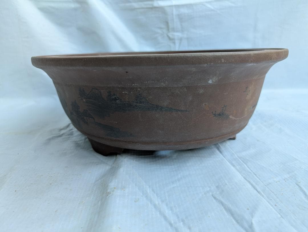 大型 盆栽鉢 絵鉢 外寸48×40cm 高さ14.5cm 楕円鉢 古鉢 作者不詳