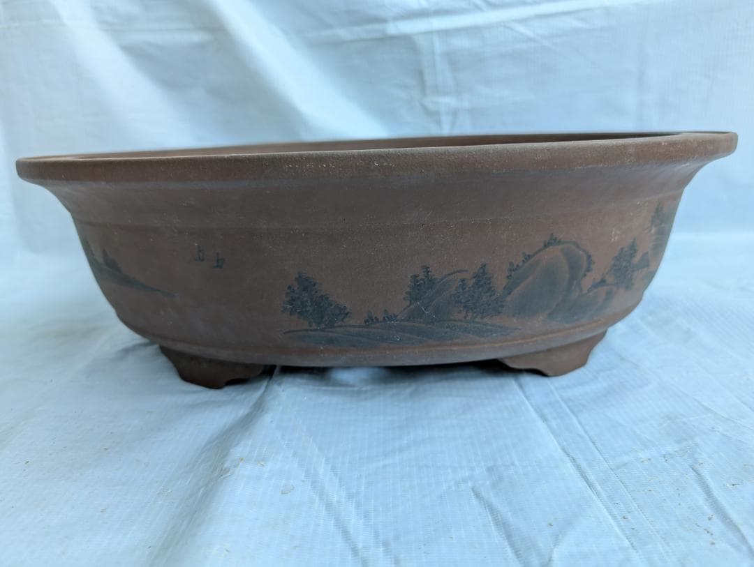 大型 盆栽鉢 絵鉢 外寸48×40cm 高さ14.5cm 楕円鉢 古鉢 作者不詳