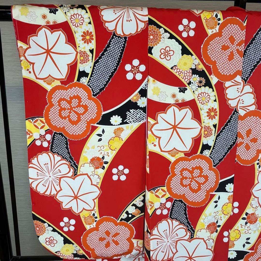 新品 四つ身 紅一点 180 赤 着物 こども 7歳 絹