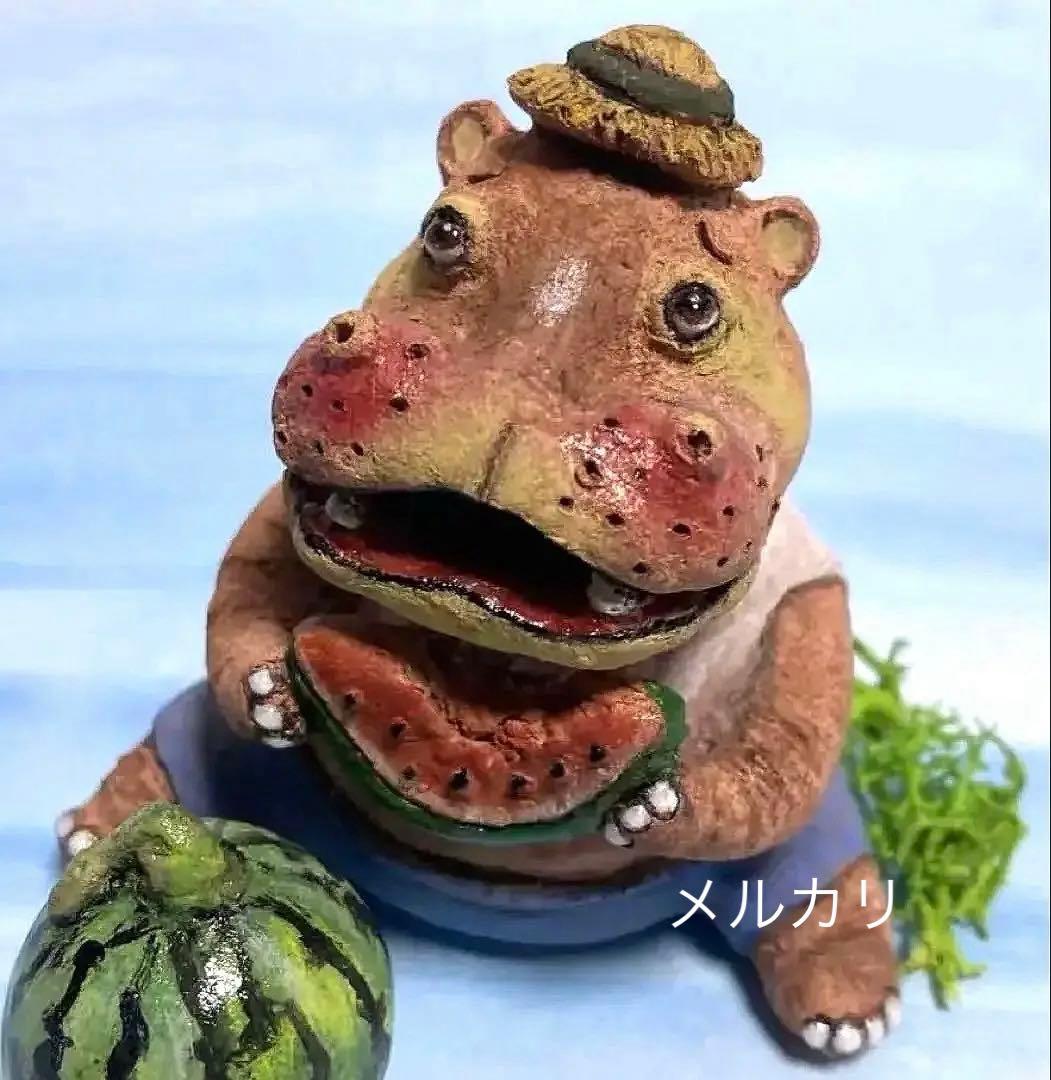 カバ君の夏休み❤️カバ人形、陶器人形、置物、縁起物、作家、ミニチュアタモ、