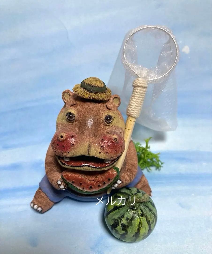 カバ君の夏休み❤️カバ人形、陶器人形、置物、縁起物、作家、ミニチュアタモ、