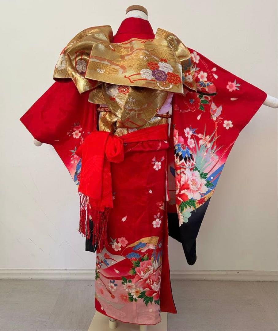 7歳　七五三　古典柄　正絹着物　帯、帯揚げ、帯締め　しごき　セット