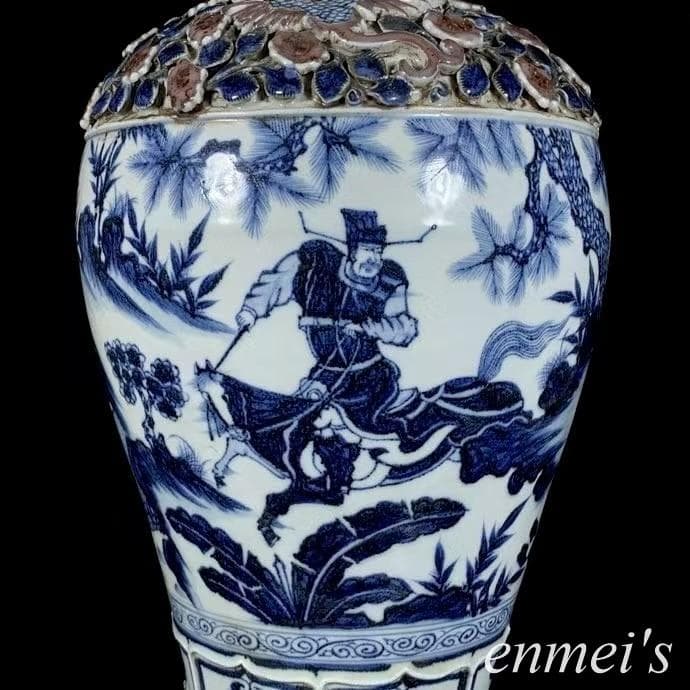 中国古美術✦青花釉裏紅捏花蕭何月下で韓信を追う梅瓶✦文房具・純手描き・陶芸・花瓶