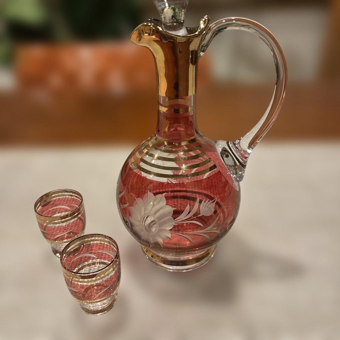 特別価格、　チェコスロバキア　ボヘミアグラス デカンタ　グラス2個セット　￼