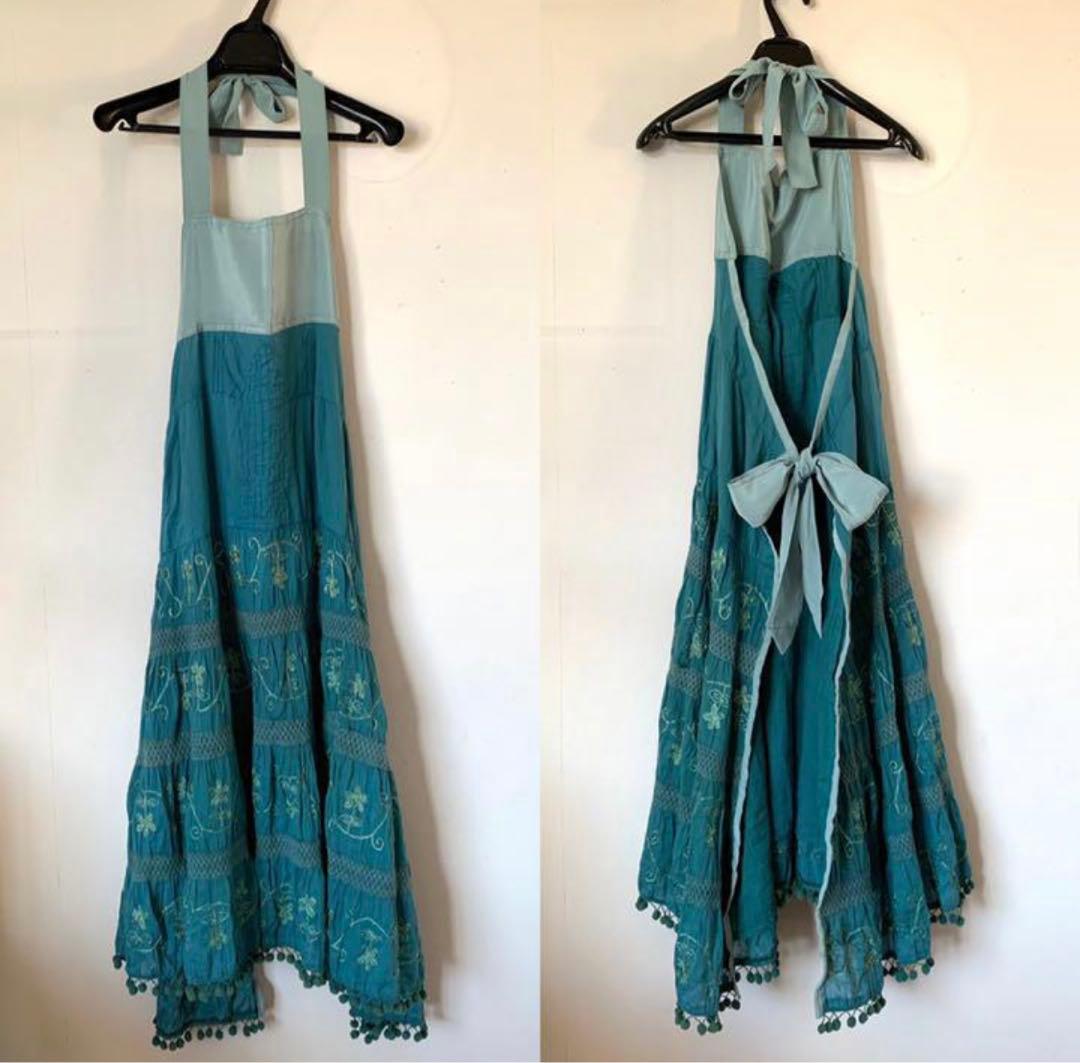 希少一点物　ガーゼワンピース　リメイクエプロン　金刺繍　ボンボン　プレゼント