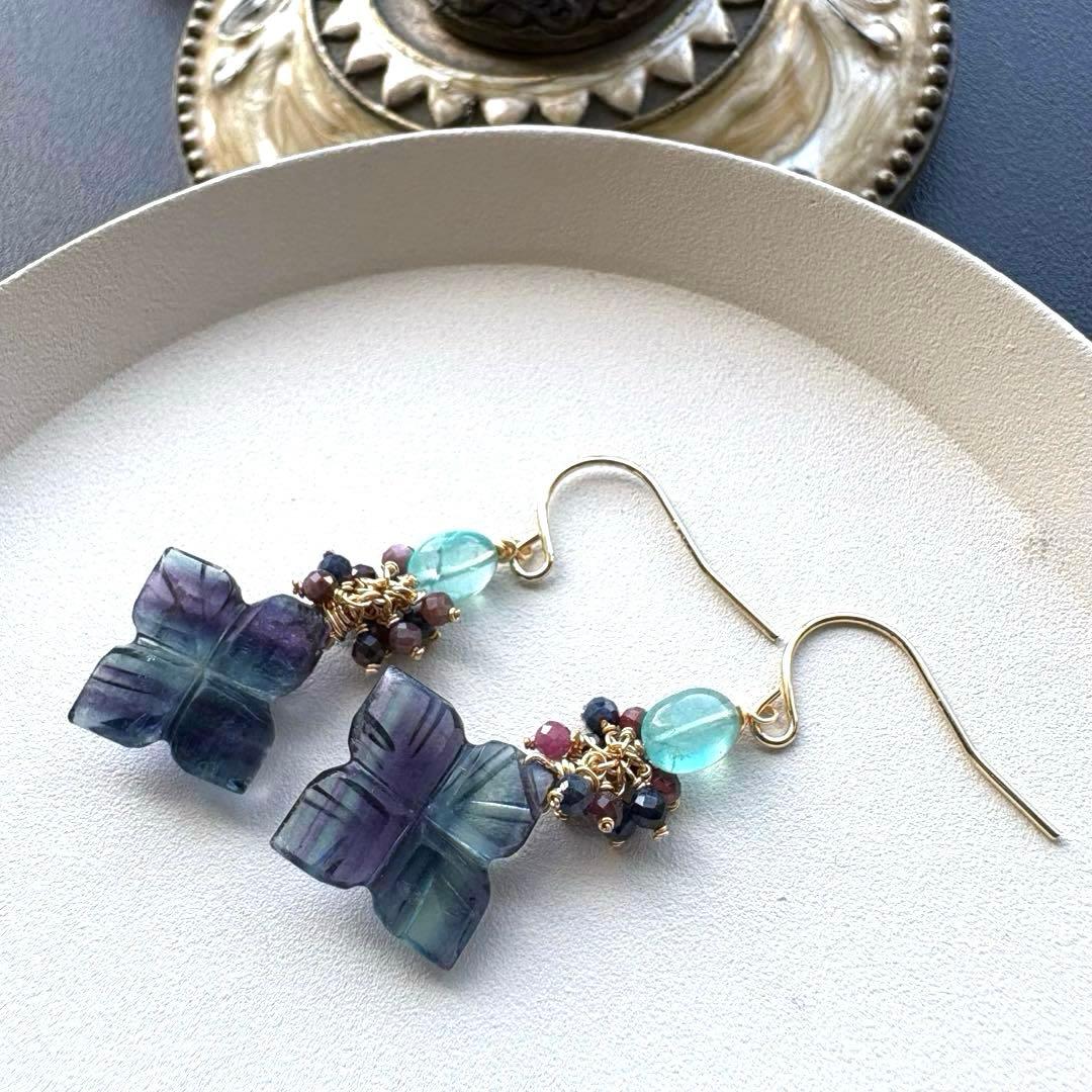 《1点限定》フローライトフラワーカービング&アパタイト＊ピアスorイヤリング