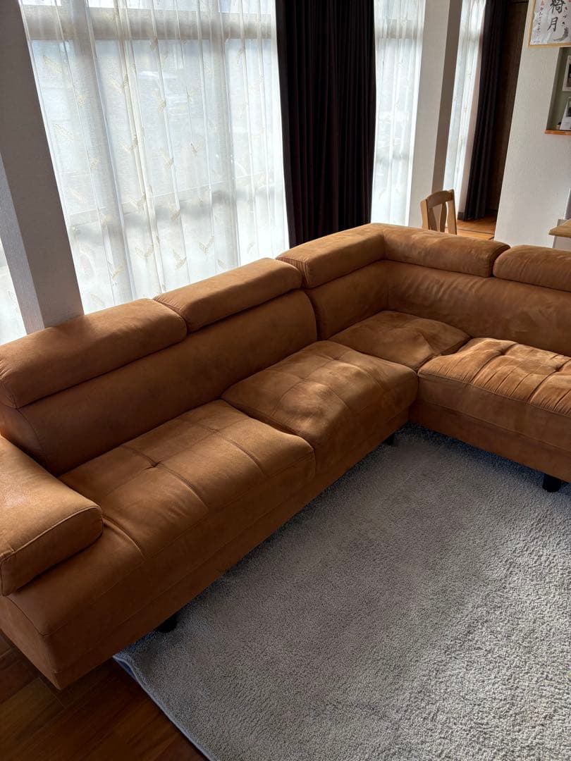 ブラウン L字型ソファ スエード調