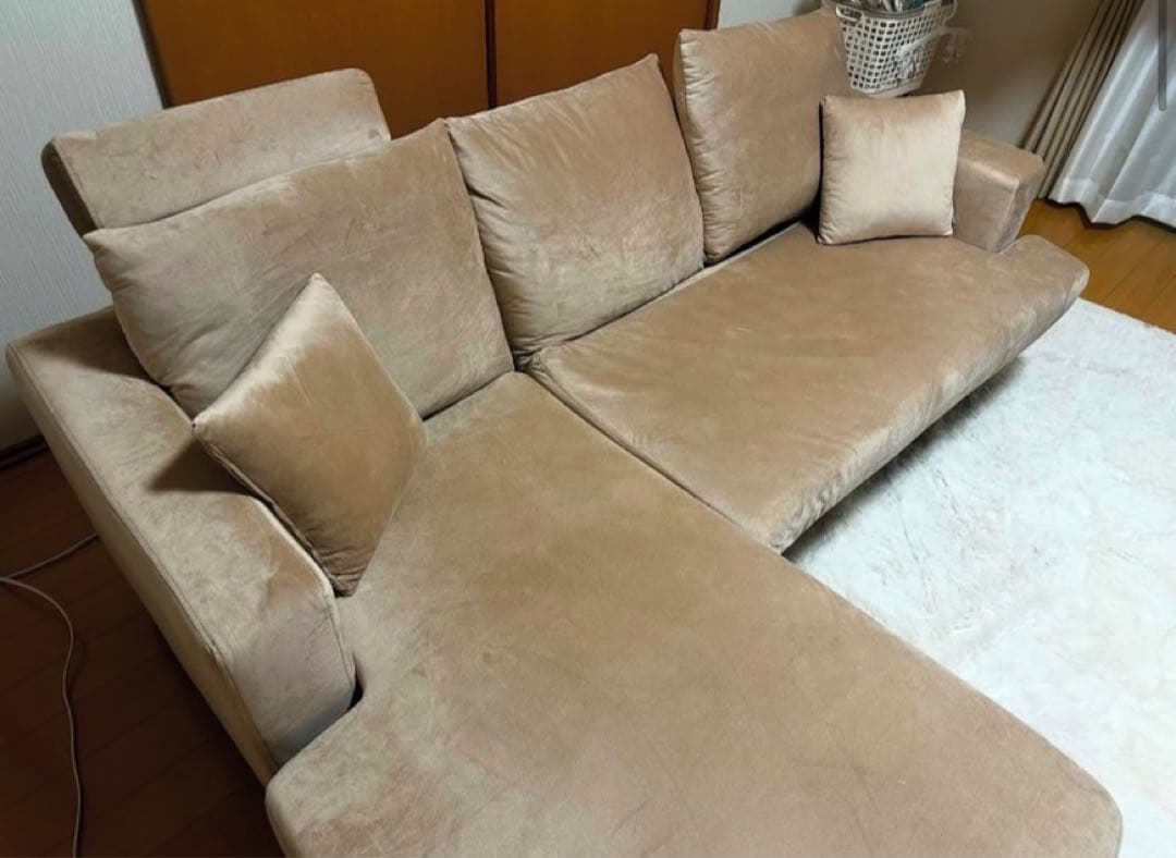 ベージュ L字型コーナーソファ 5クッション付き