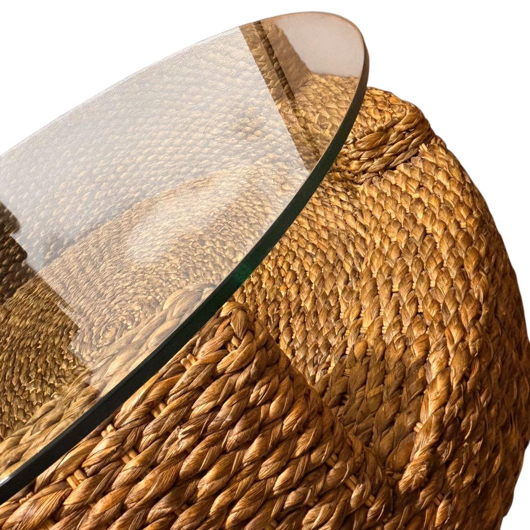 【美品】ラタン製 ガラス天板 円形テーブル / ラウンドテーブル/ローテーブル