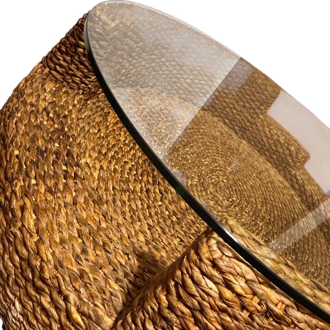 【美品】ラタン製 ガラス天板 円形テーブル / ラウンドテーブル/ローテーブル