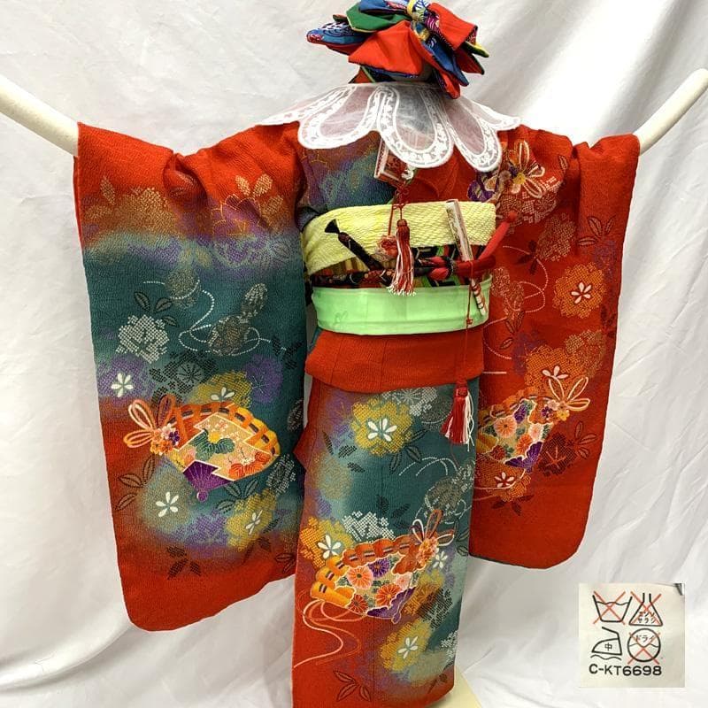 412ag63□七五三 七歳 女児 着物&袋帯 金彩 縮緬 扇 赤緑□状態良好u