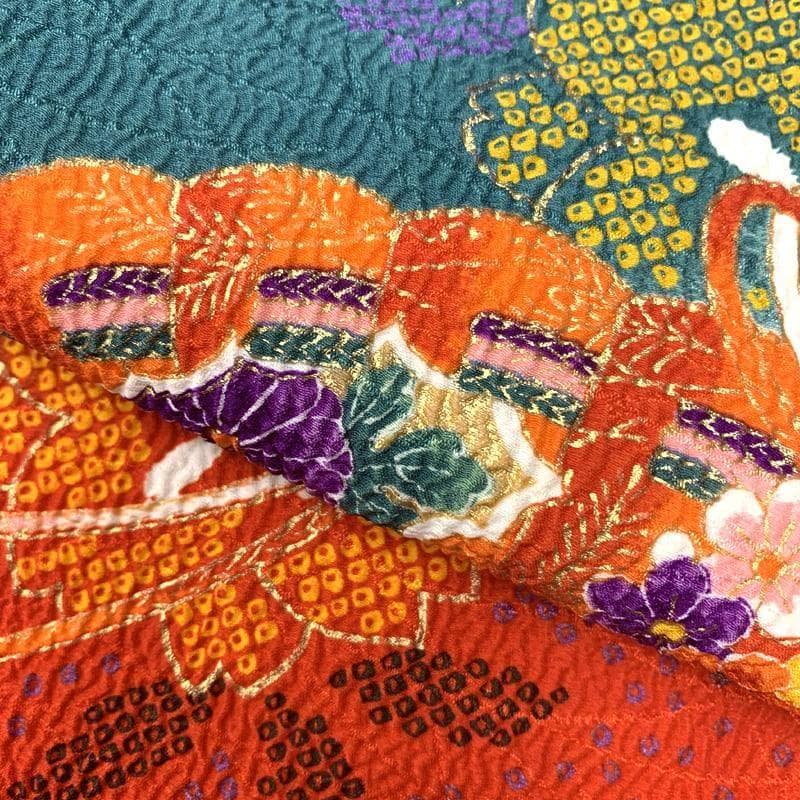 412ag63□七五三 七歳 女児 着物&袋帯 金彩 縮緬 扇 赤緑□状態良好u