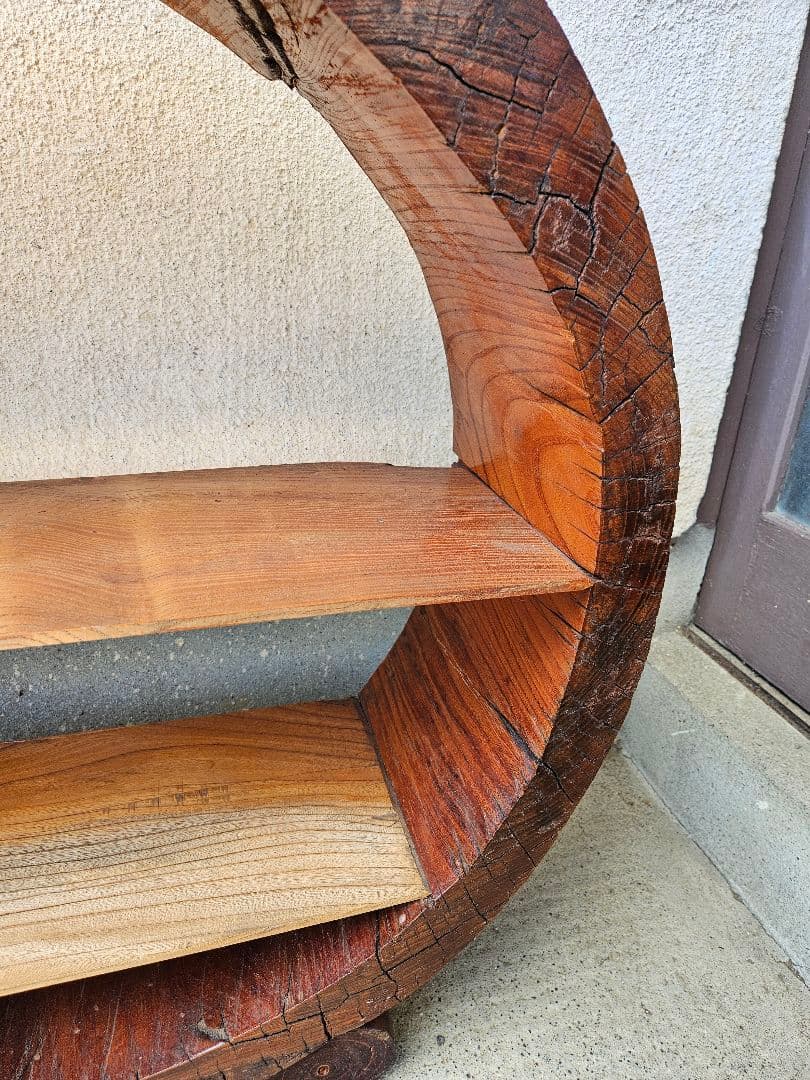 欅の飾り棚 木製 無垢 シェルフ オープンラック 丸型 和室 古民家 和モダン