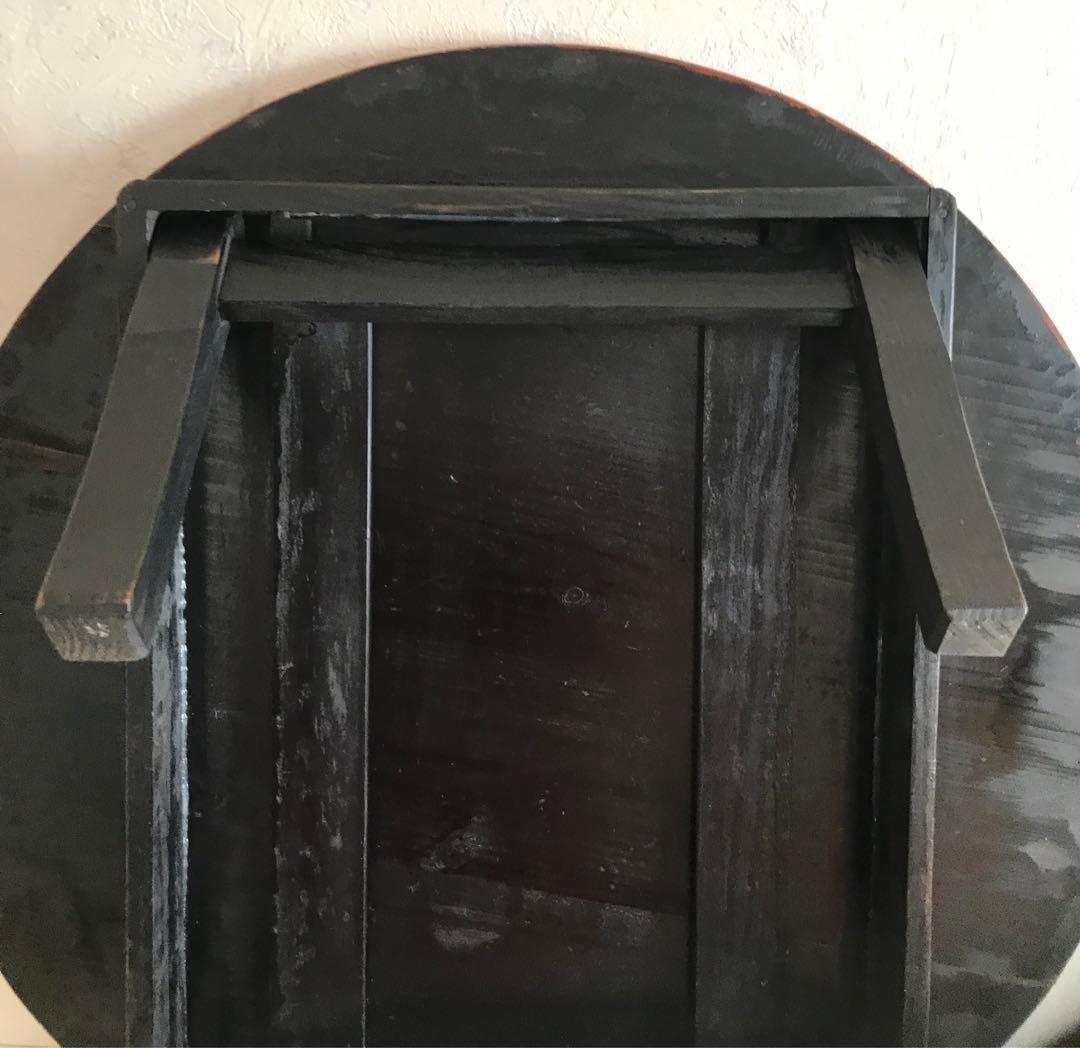 昭和レトロ　オレンジ、黒色 円形木製折り畳みテーブル　【希少】