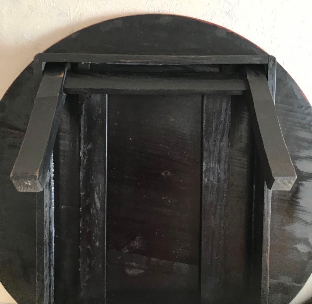 昭和レトロ　オレンジ、黒色 円形木製折り畳みテーブル　【希少】