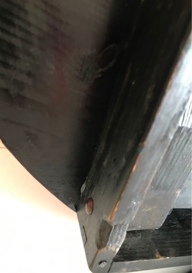 昭和レトロ　オレンジ、黒色 円形木製折り畳みテーブル　【希少】