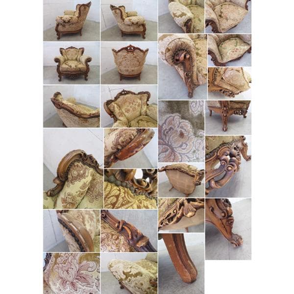美品■イタリア■ロココ様式■金華山張り■単鋲■1人掛けソファ■ルイⅩⅤ■透かし彫