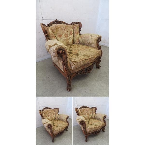 美品■イタリア■ロココ様式■金華山張り■単鋲■1人掛けソファ■ルイⅩⅤ■透かし彫