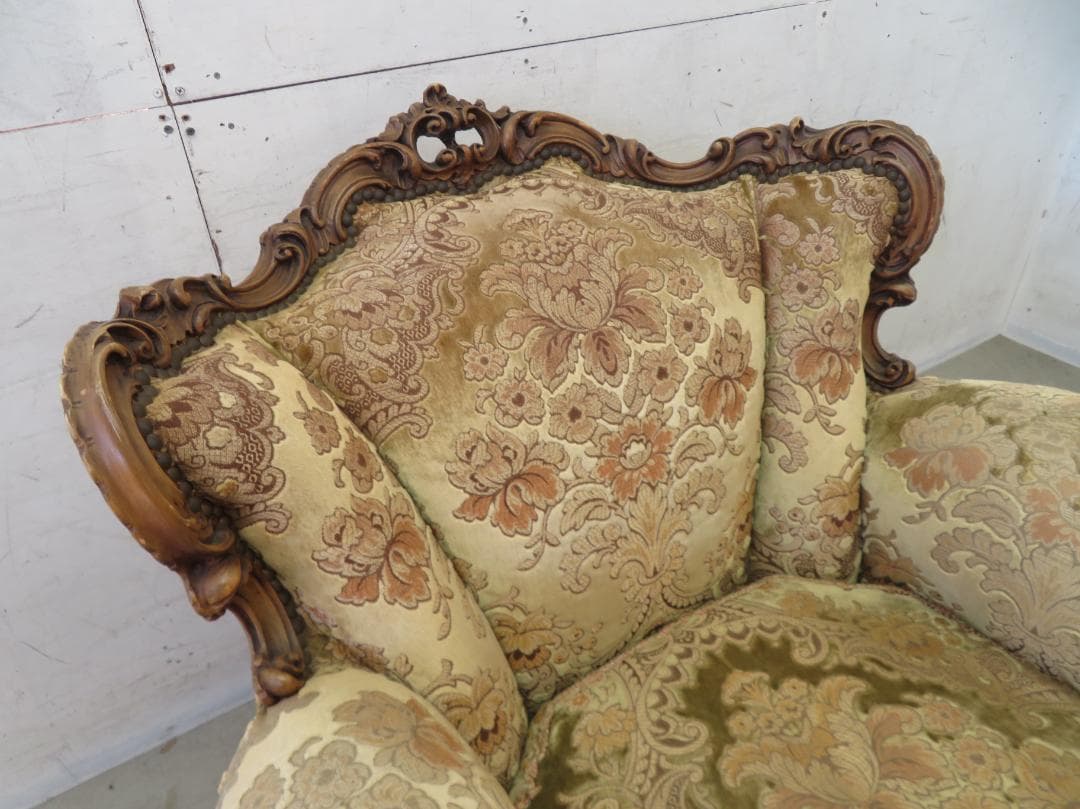 美品■イタリア■ロココ様式■金華山張り■単鋲■1人掛けソファ■ルイⅩⅤ■透かし彫