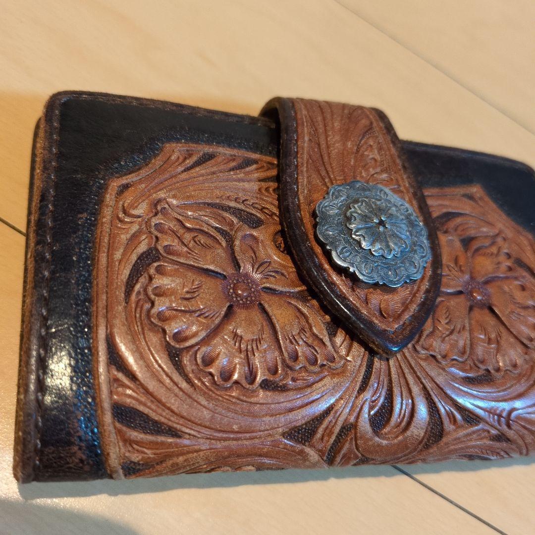 カービングレザー製花模様財布
