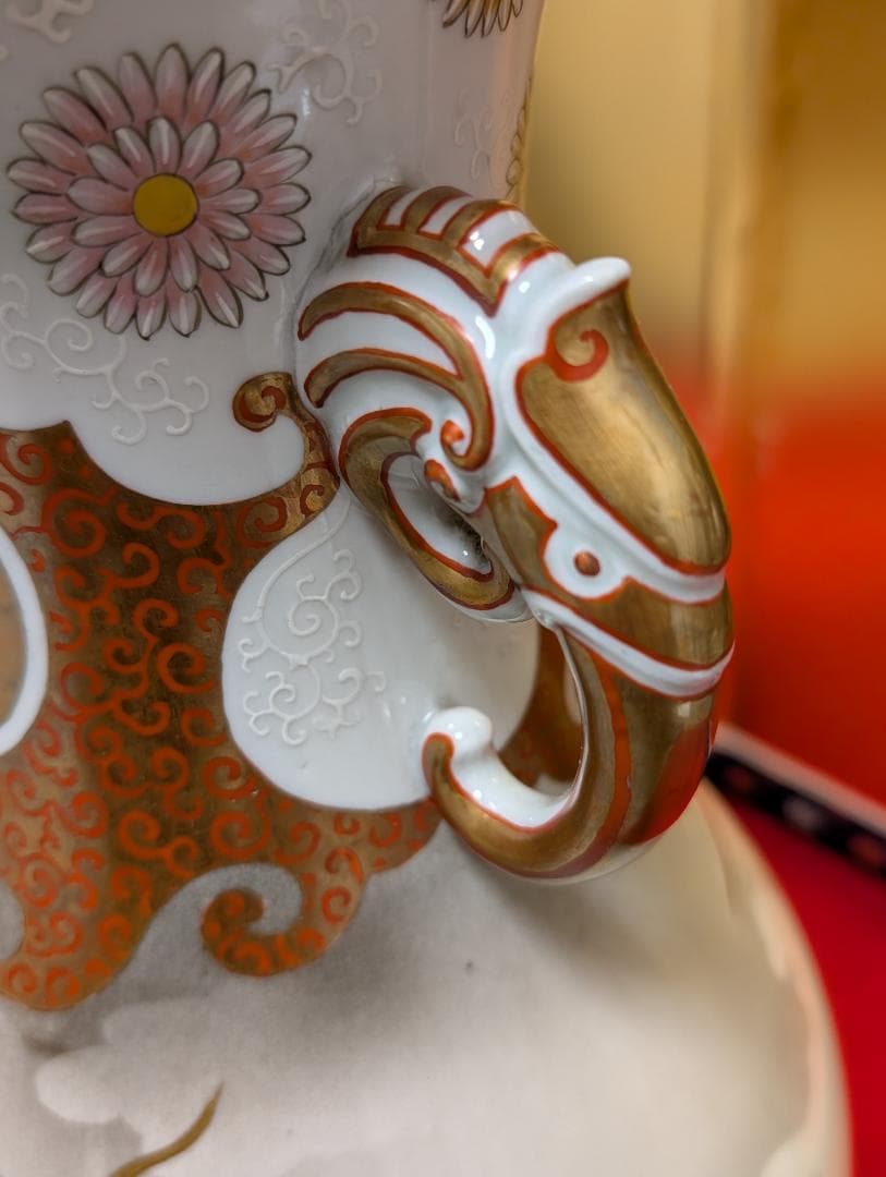 古美術 アンティーク 盤口瓶 双耳広口瓶 穿雲龍紋様 明治 九谷 谷口製