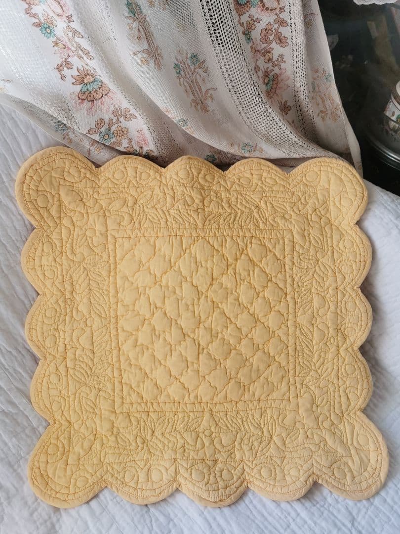 ヴィンテージ フランス 手縫いブティ クッションカバー ハンドメイド イエロー