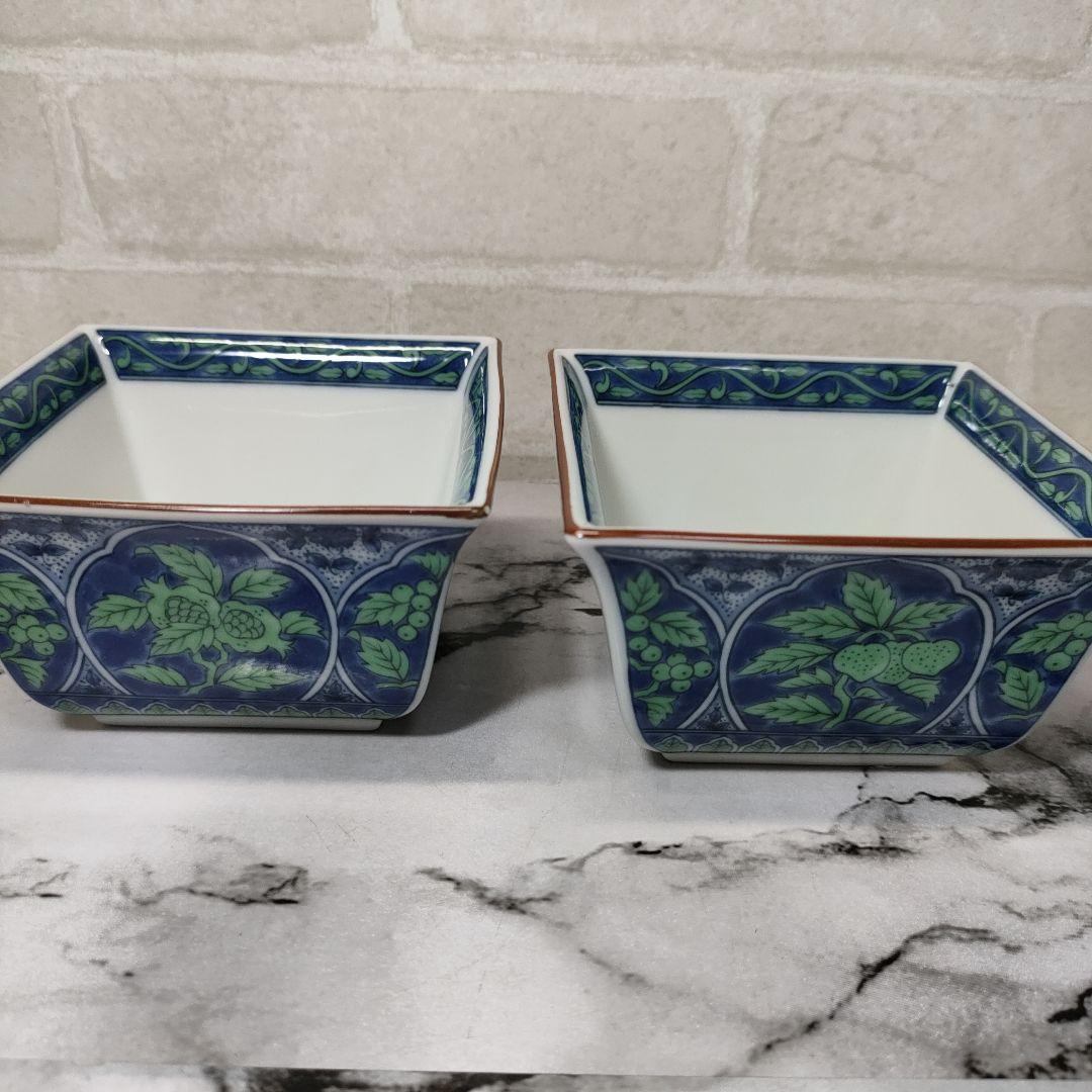 未使用品】美濃焼 前畑陶器 庫山窯 青華緑彩 小鉢 角鉢 3客セット