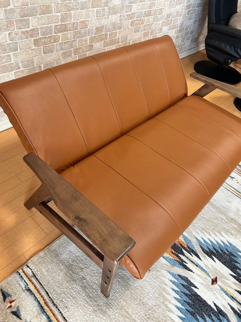 [ゆうき] ブラウン2人掛けソファ 合成皮革 木製フレーム