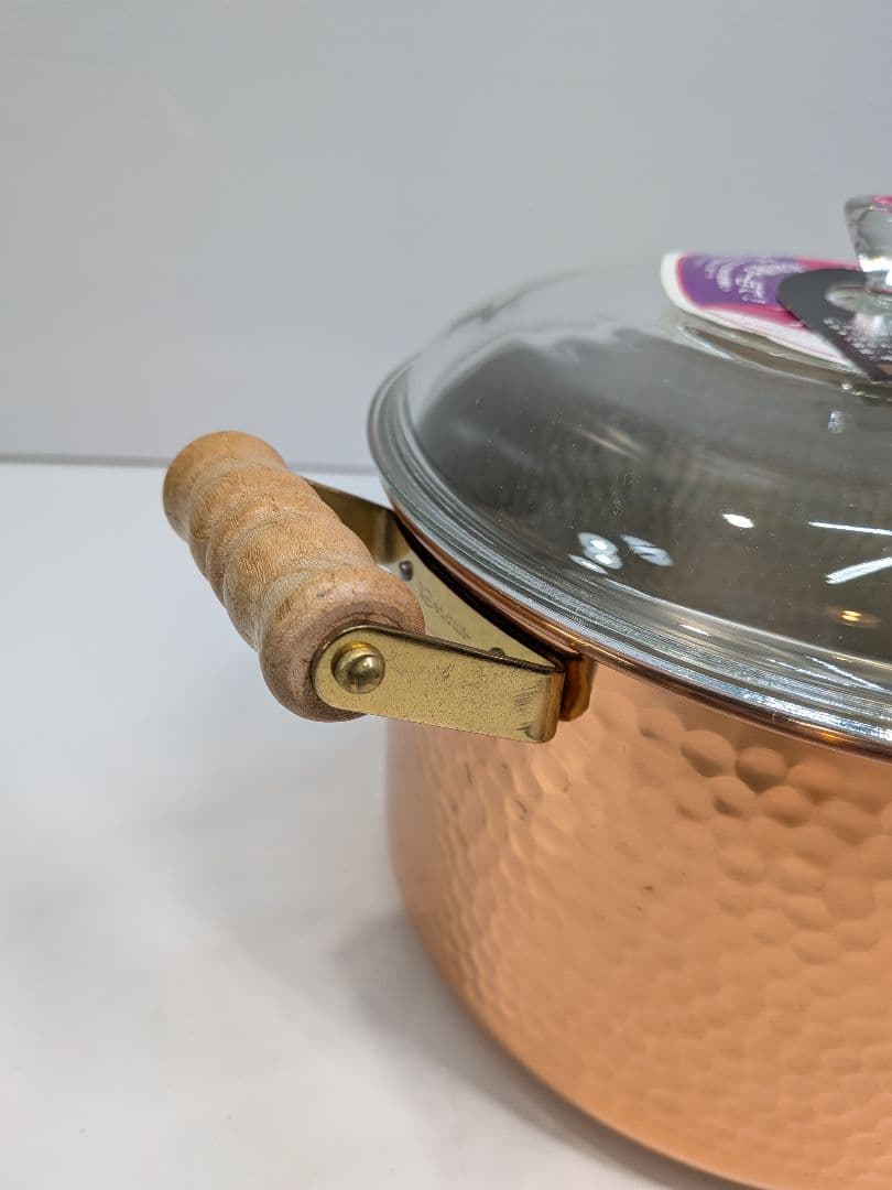 P974 未使用 キングカパー 純銅製 深型両手鍋 21cm パイレックス蓋付