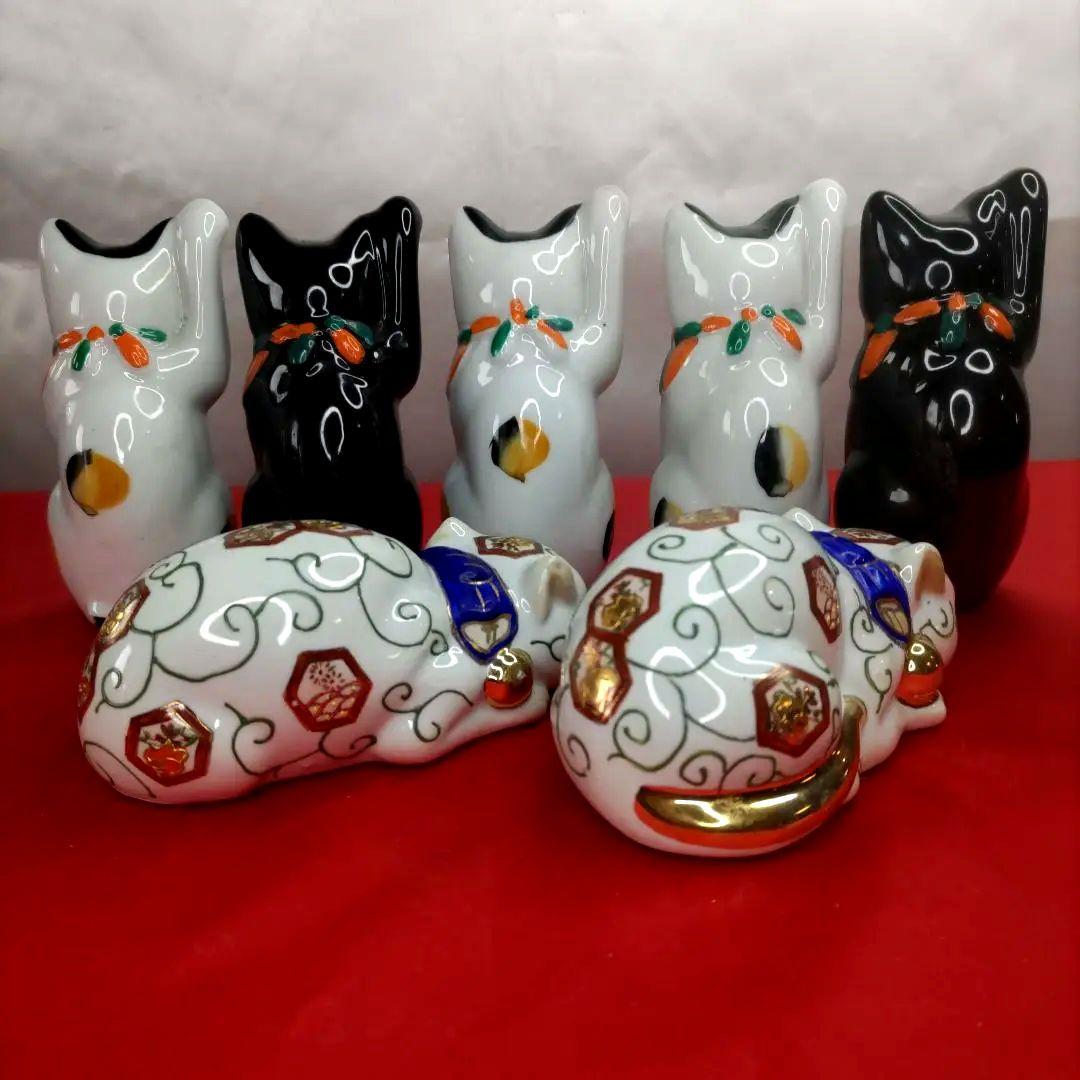 【猫づくし】招き猫　眠り猫　陶器　置物　開運　7体セット