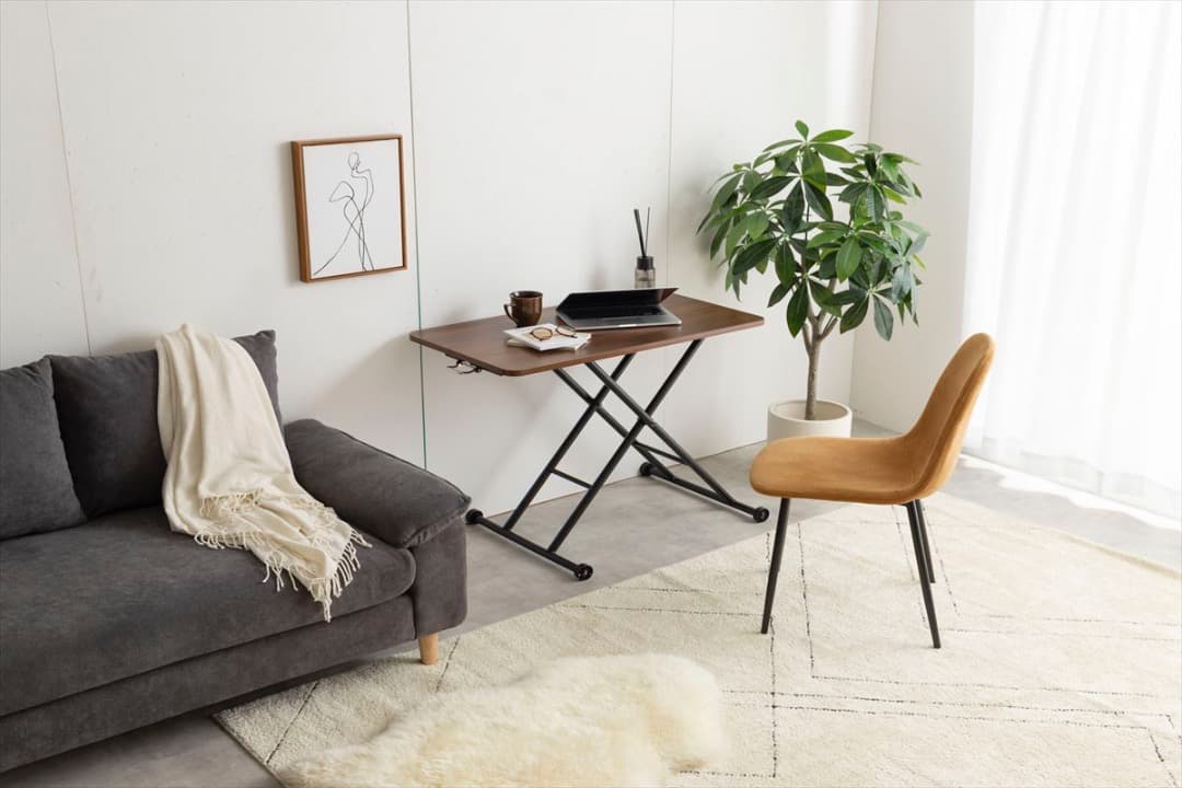 【送料無料】【幅90cm】無段階ガス圧昇降式テーブル 木目調 高さ調節