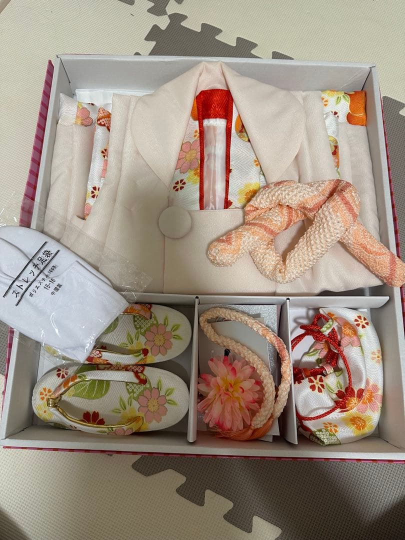 七五三 着物セット 花柄 オレンジ ピンク 黄色　3歳 被布 髪飾り かんざし