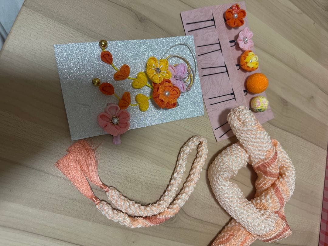 七五三 着物セット 花柄 オレンジ ピンク 黄色　3歳 被布 髪飾り かんざし