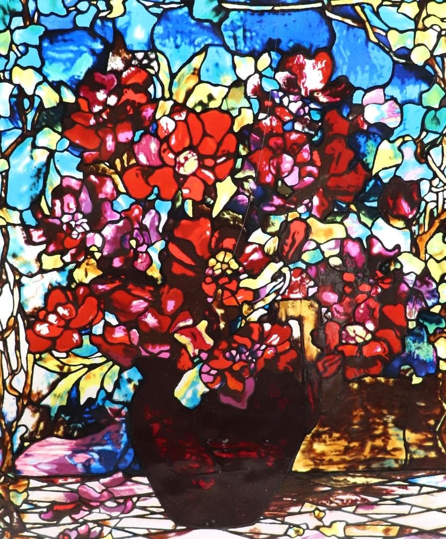 ルイス・C・ティファニー ヴィンテージ ステンドグラス 赤い牡丹の花瓶 大型