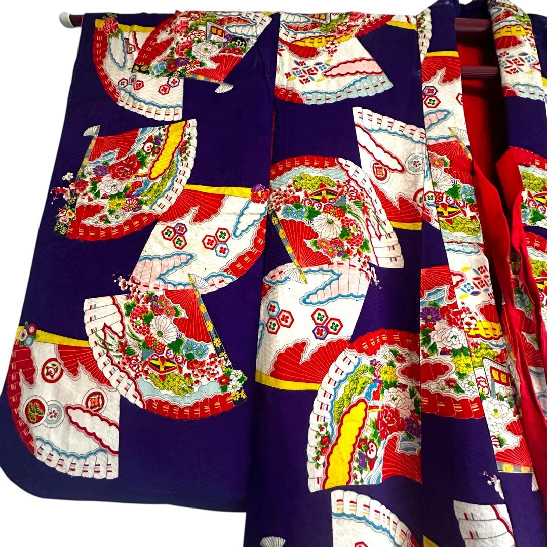七五三 七歳 女の子 アンティーク着物 紫地 扇柄 写真撮影・舞台衣装