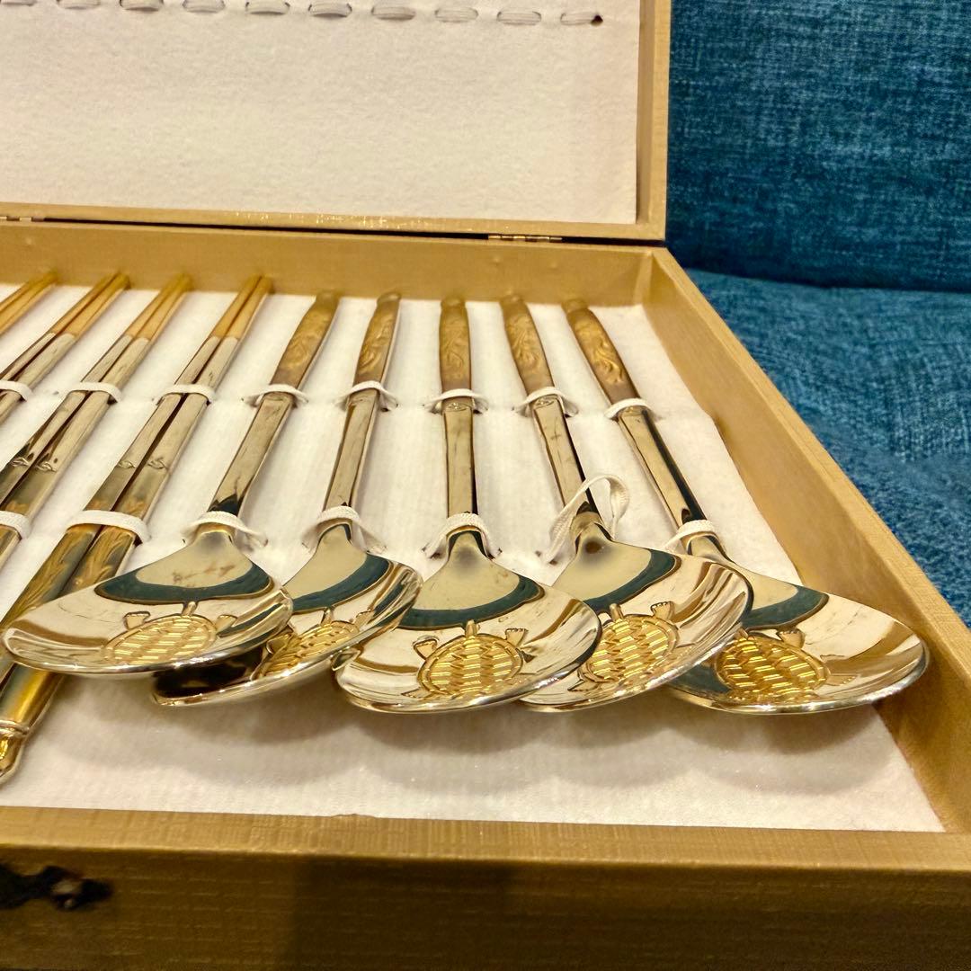 美品 Golden Bell 金装飾 カトラリー 箸5膳 スプーン5本 ゴールド