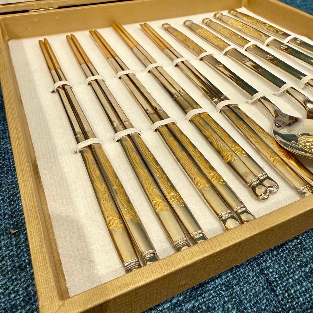 美品 Golden Bell 金装飾 カトラリー 箸5膳 スプーン5本 ゴールド