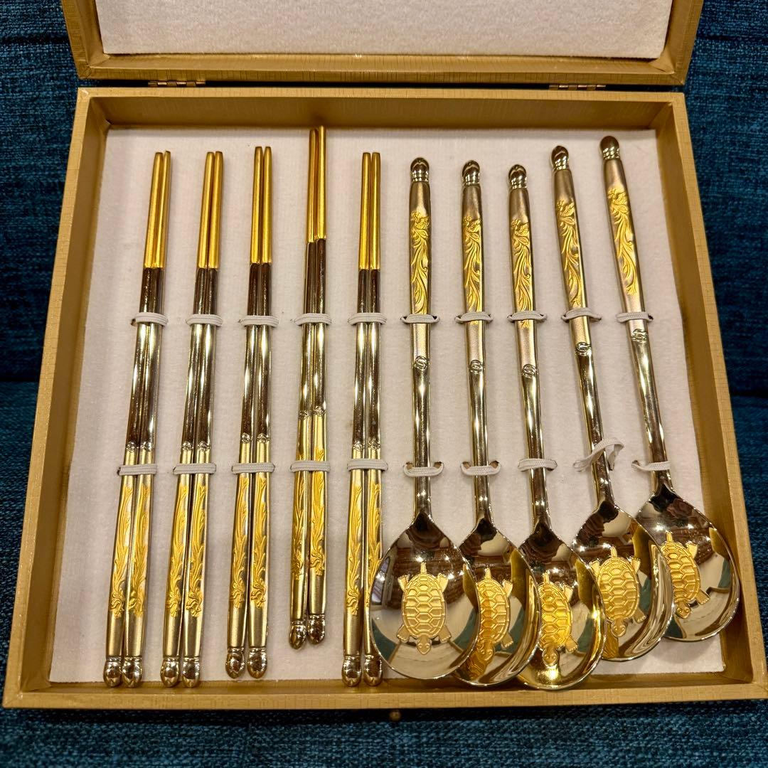 美品 Golden Bell 金装飾 カトラリー 箸5膳 スプーン5本 ゴールド
