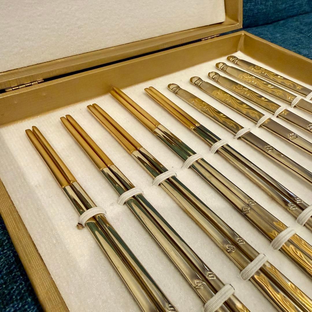 美品 Golden Bell 金装飾 カトラリー 箸5膳 スプーン5本 ゴールド