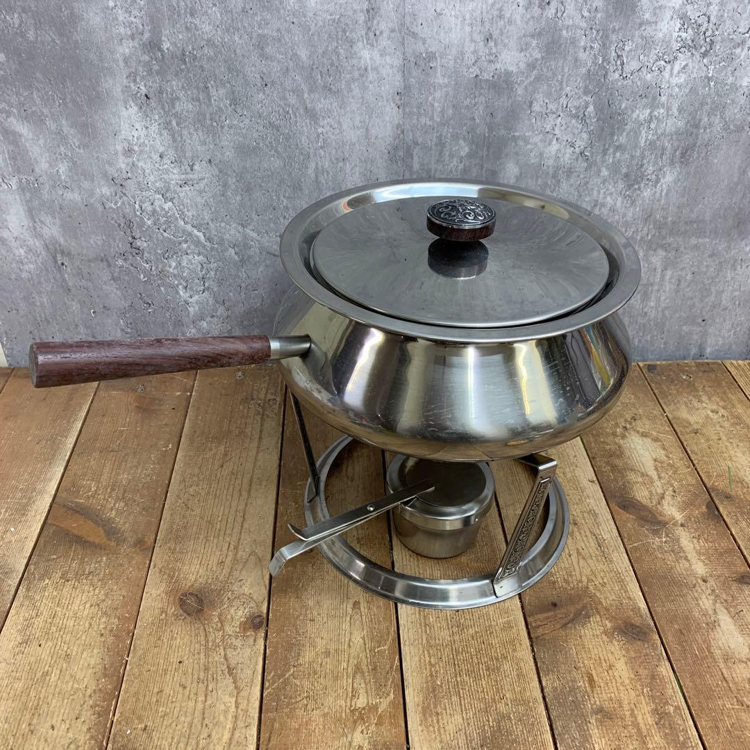 E-2 【希少・ヴィンテージ】ステンレス製 フォンデュ鍋セット 木柄 レトロ キ