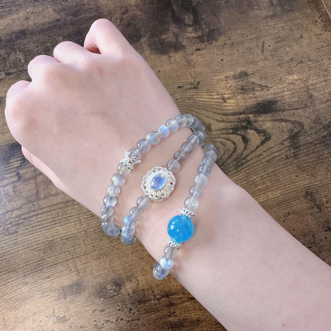 グレームーンストーン×アクアマリン 三連ブレスレット 強いブルーの輝き