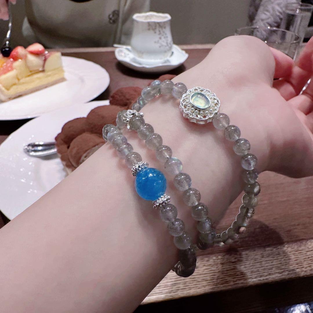 グレームーンストーン×アクアマリン 三連ブレスレット 強いブルーの輝き